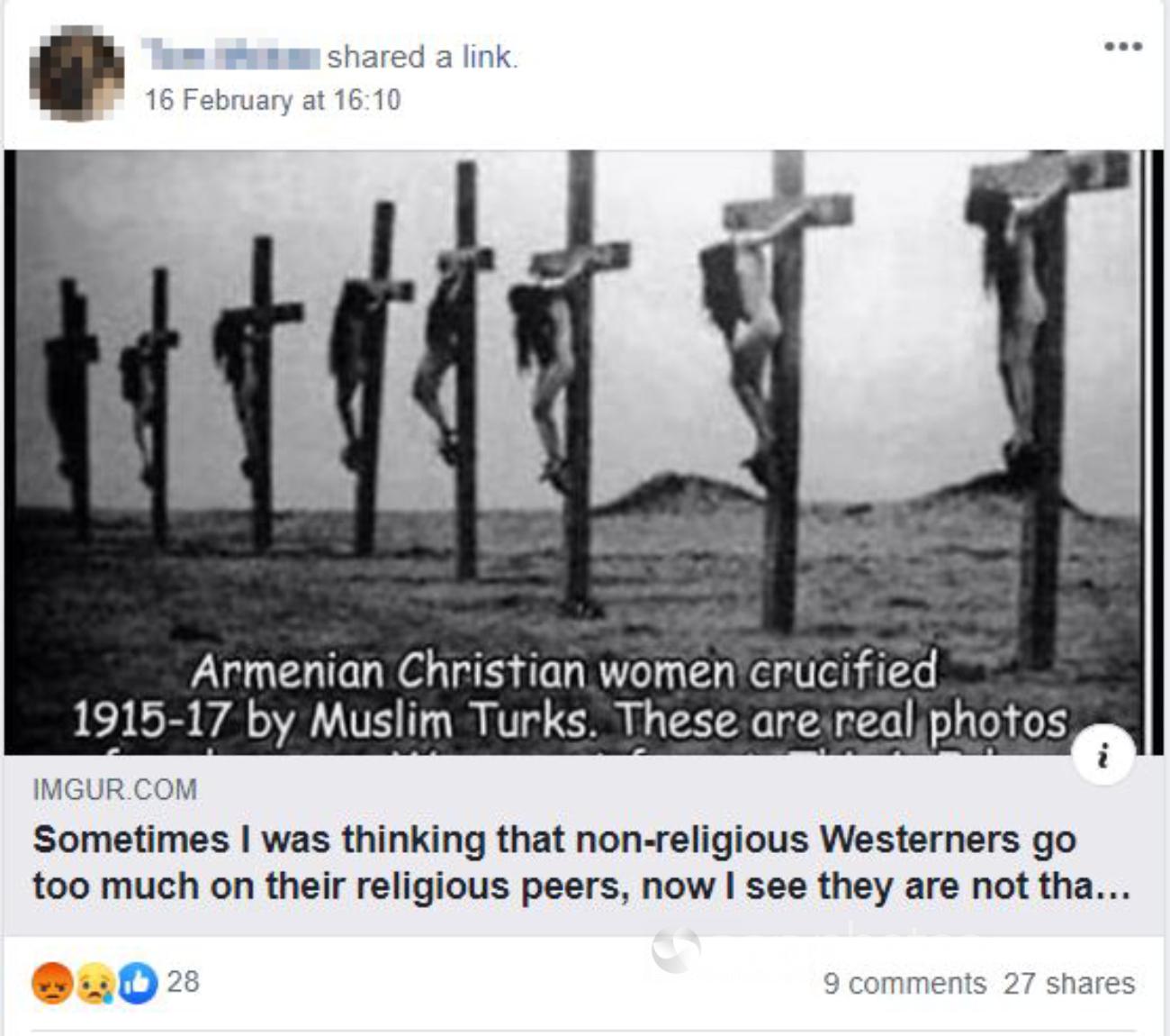 Facebook post with black and white image of women on crosses