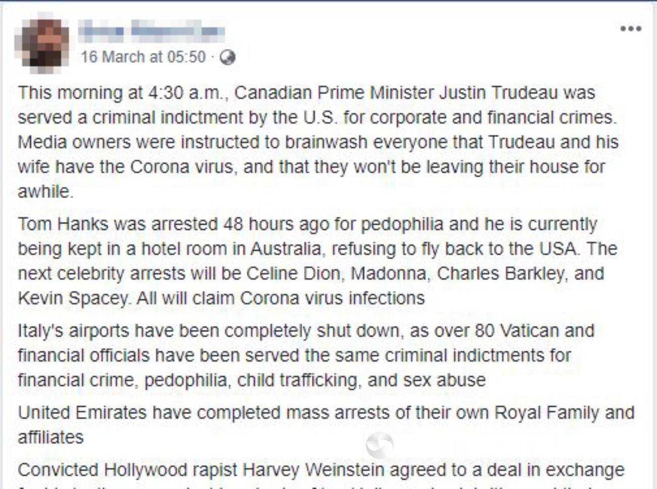 Facebook post making claims about Justin Trudeau and others.