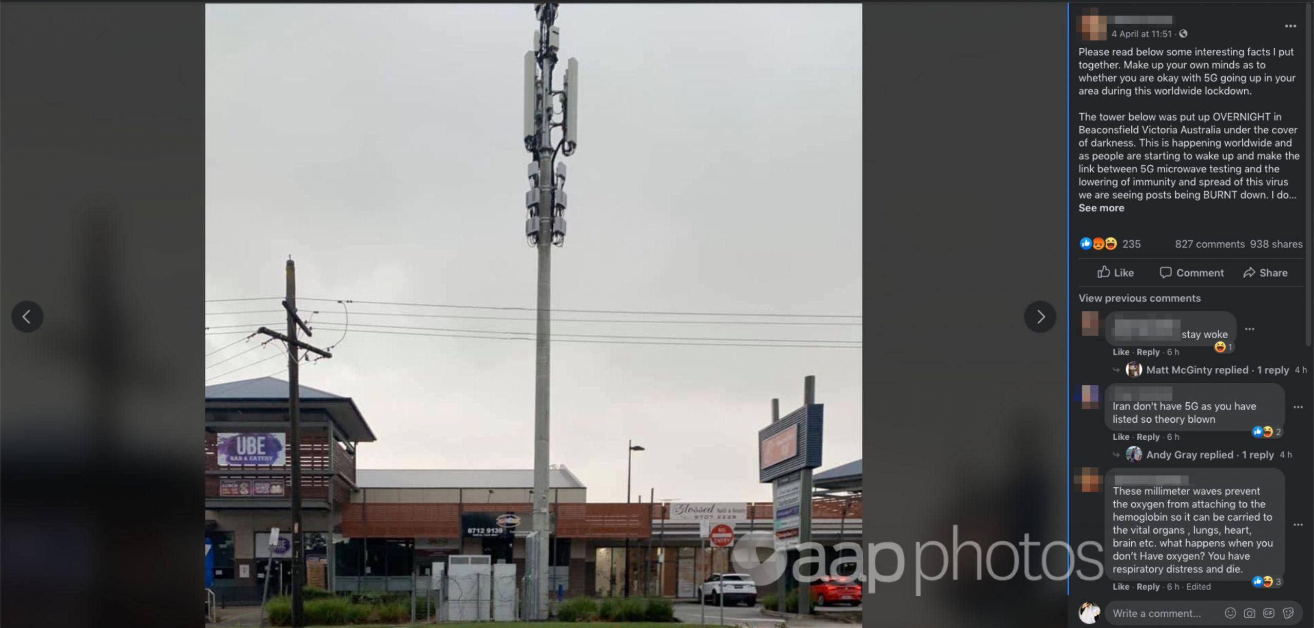 An FB user claims a 5G tower was erected in Beaconsfield, Victoria.