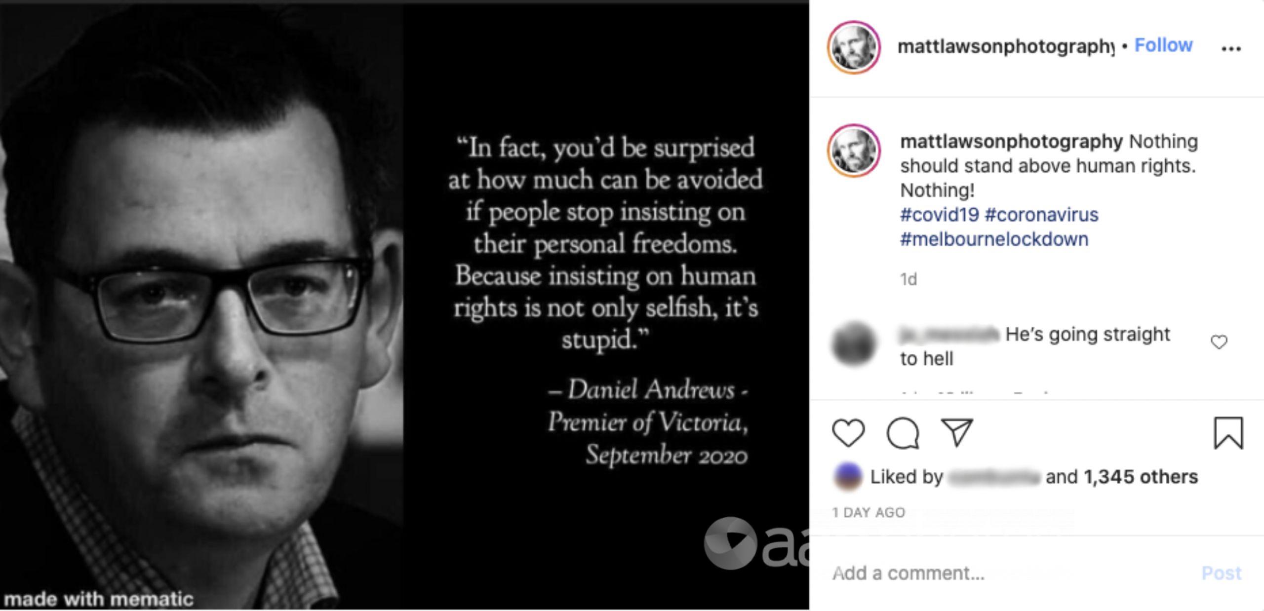 An Instagram post with a quote wrongly attributed to Daniel Andrews