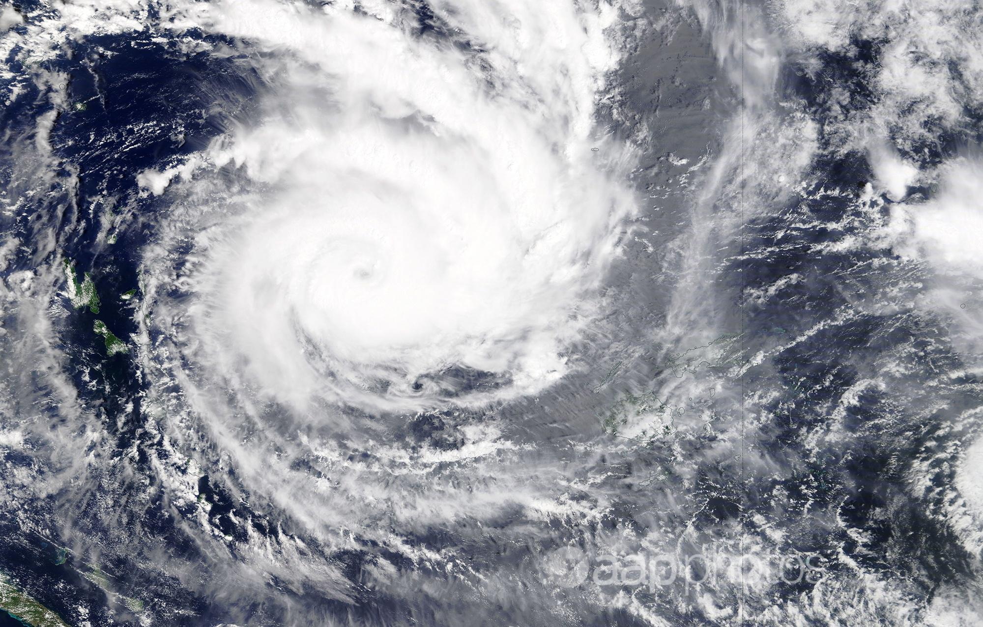 A satellite image of the Category five Cyclone Yasa.