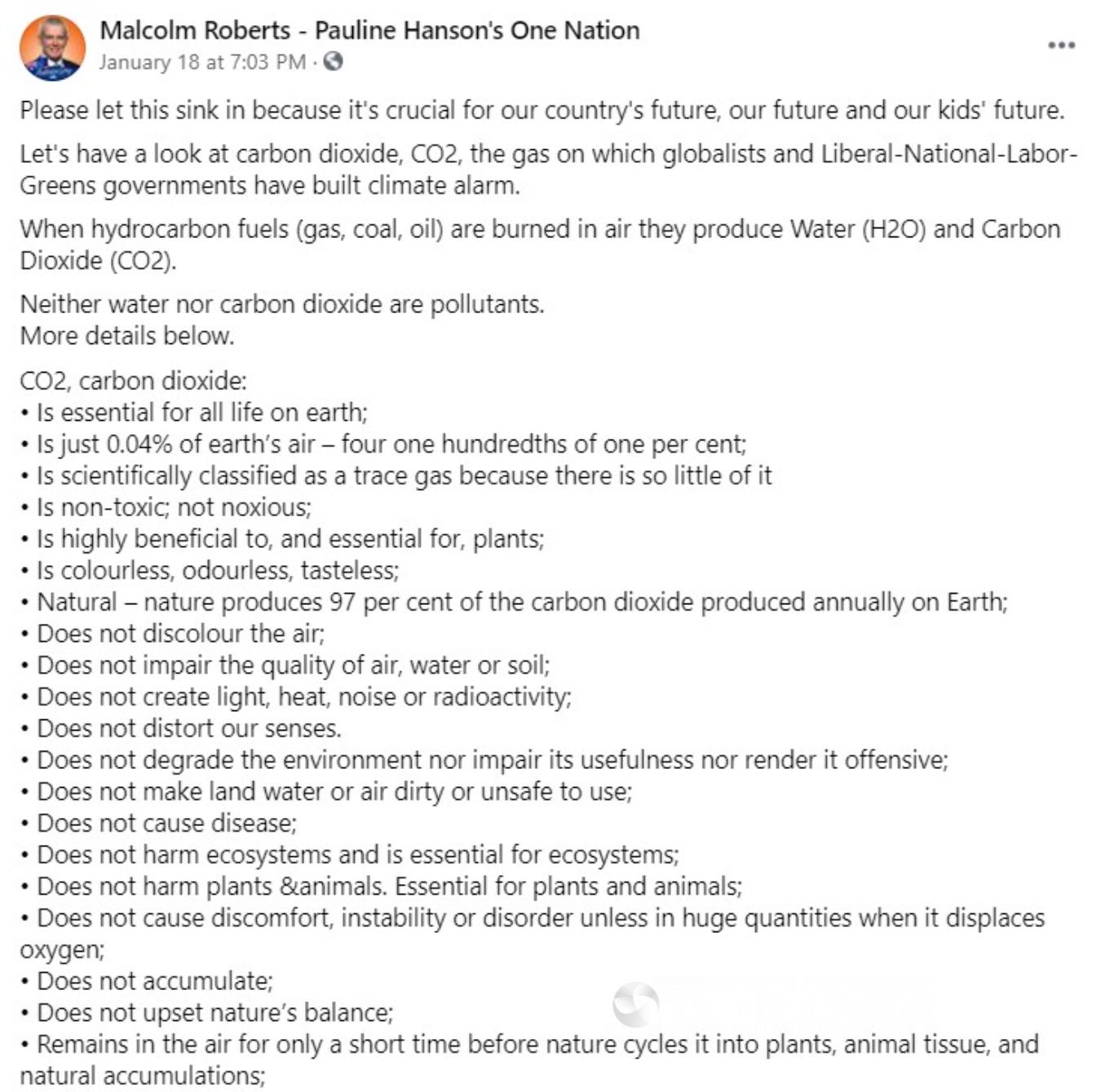 Malcolm Roberts' Facebook post