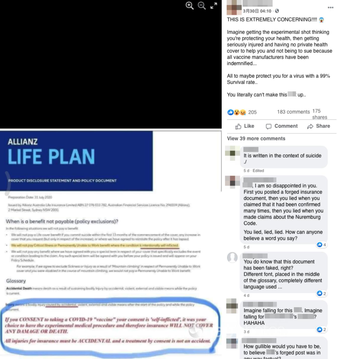 A Facebook post including an edited Allianz document