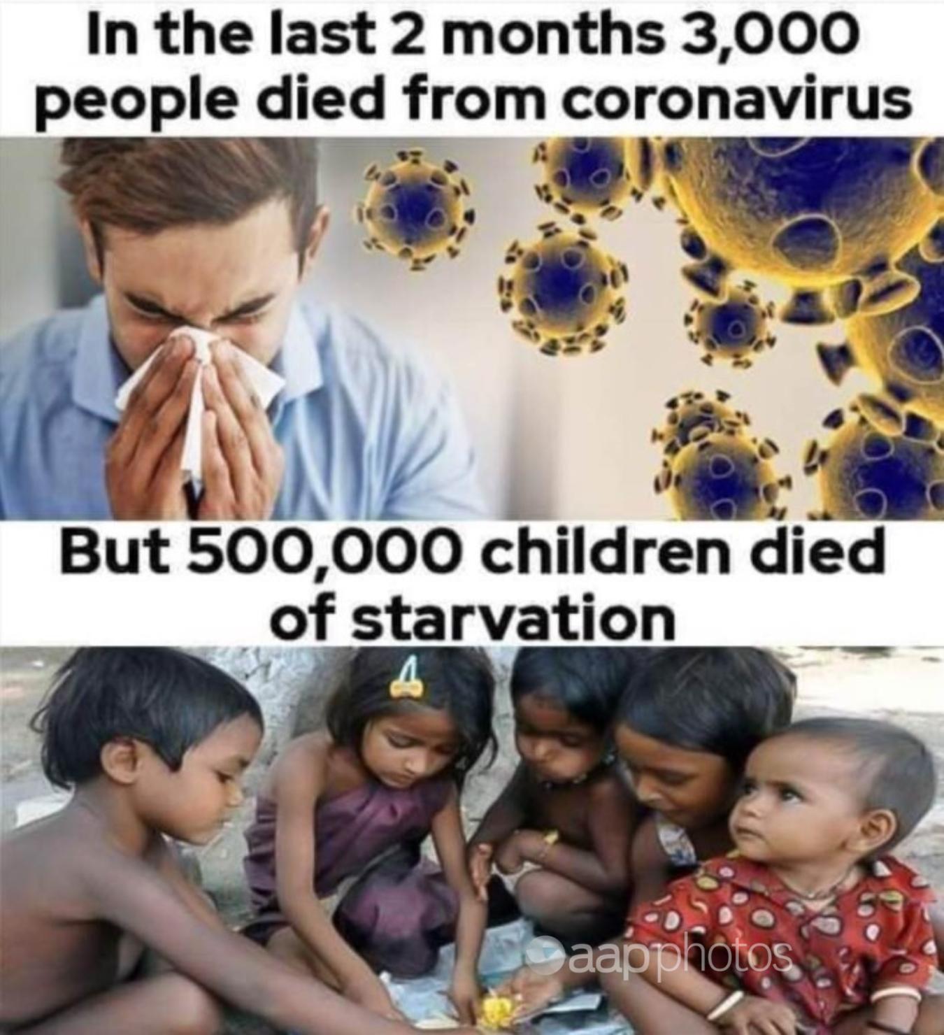 A meme comparing COVID-19 mortality to child starvation deaths.