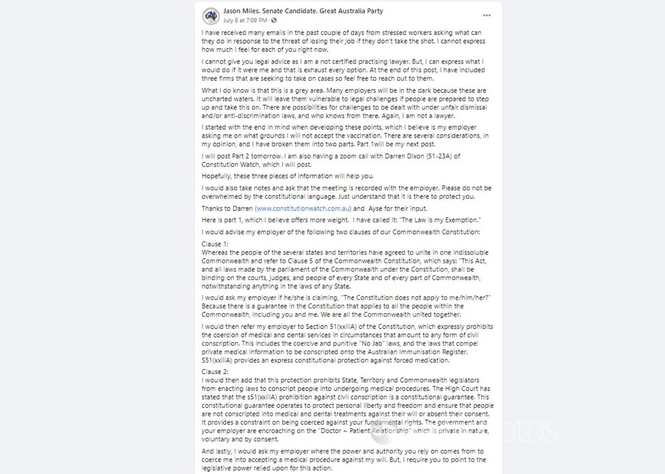 A Facebook post including the claim