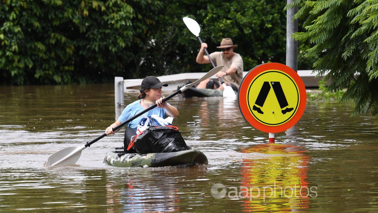 People paddling kayaks through suburban Brisbane in February
