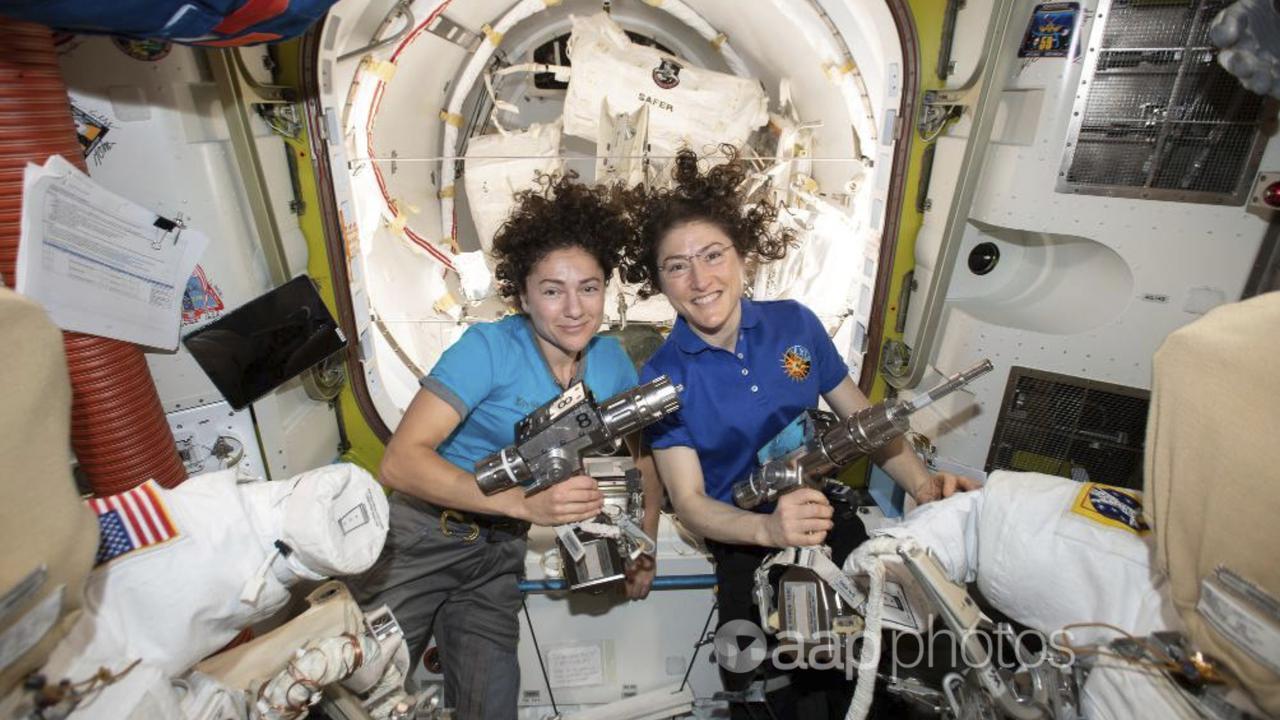 Jessica Meir (left) and Christina Koch on the ISS in 2019 (file image)