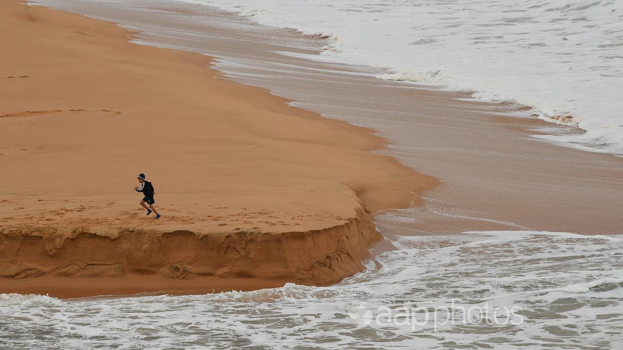 A child runs on a beach as waves cause coastal erosion (file image)