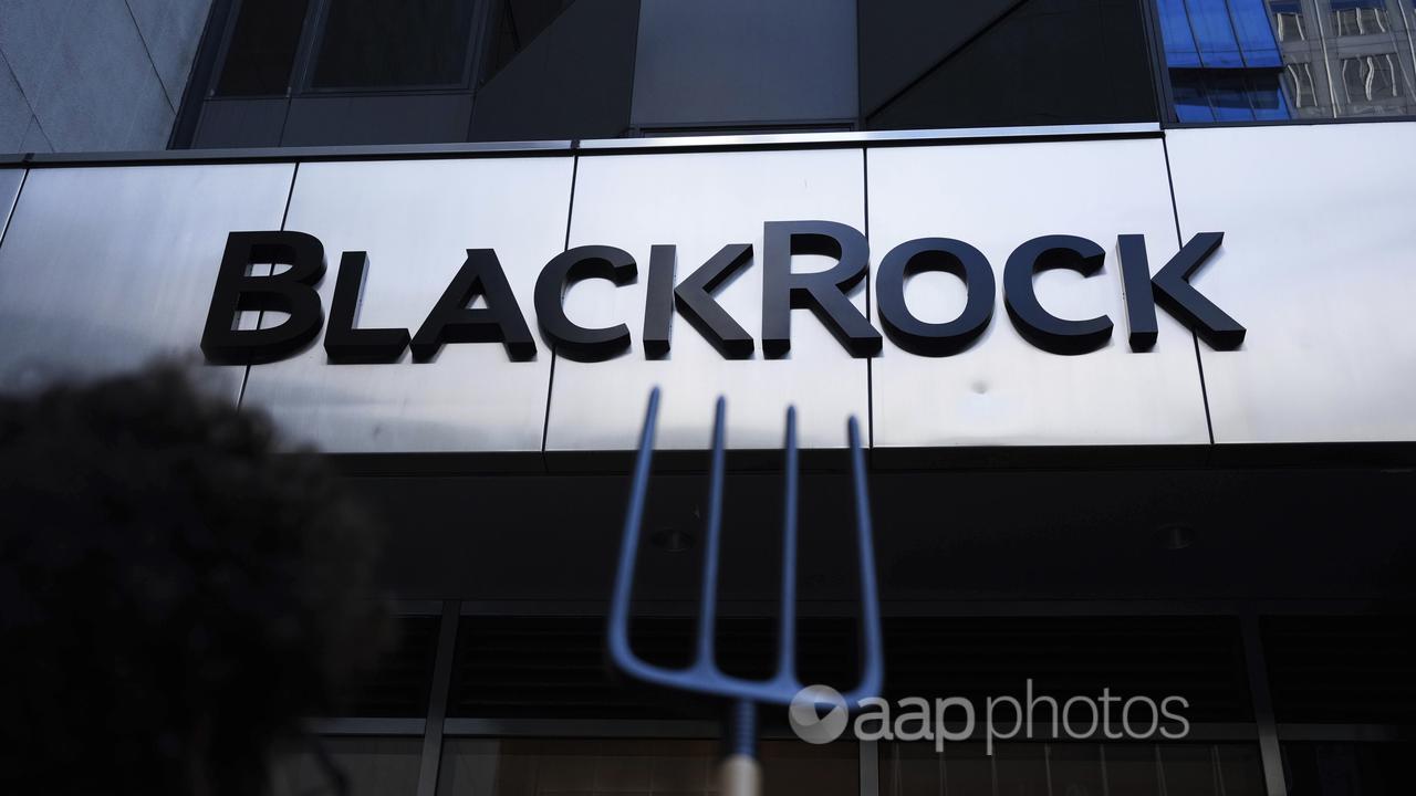 A protestor with a pitchfork at BlackRock's NYC office (file image)