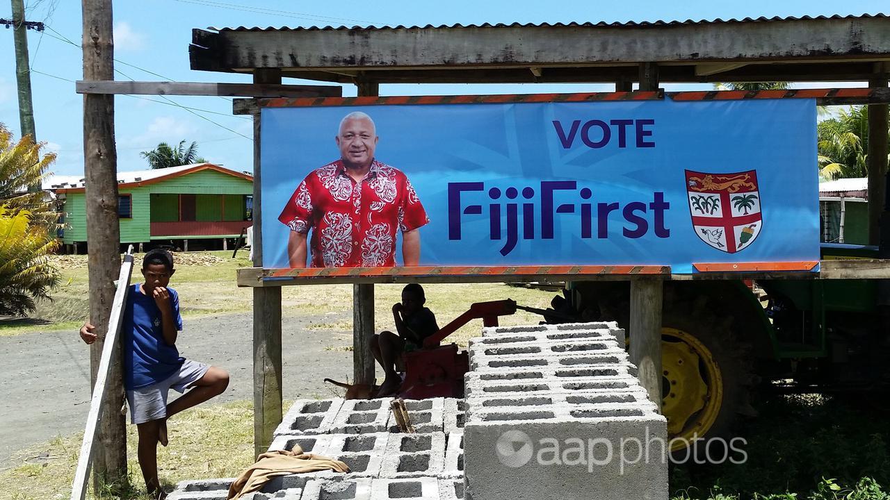A poster of Fiji Prime Minister Frank Bainimarama during the 2018 poll