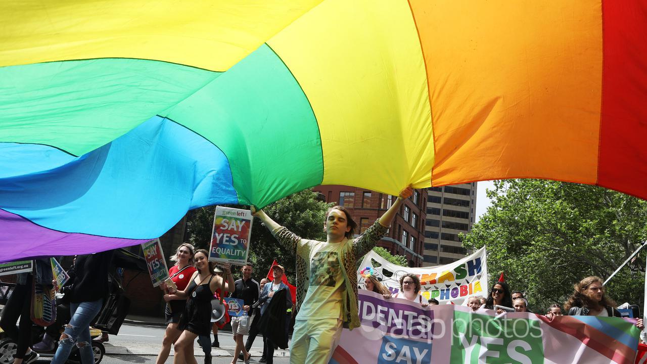 A man holds a rainbow flag during an equality march in in Sydney