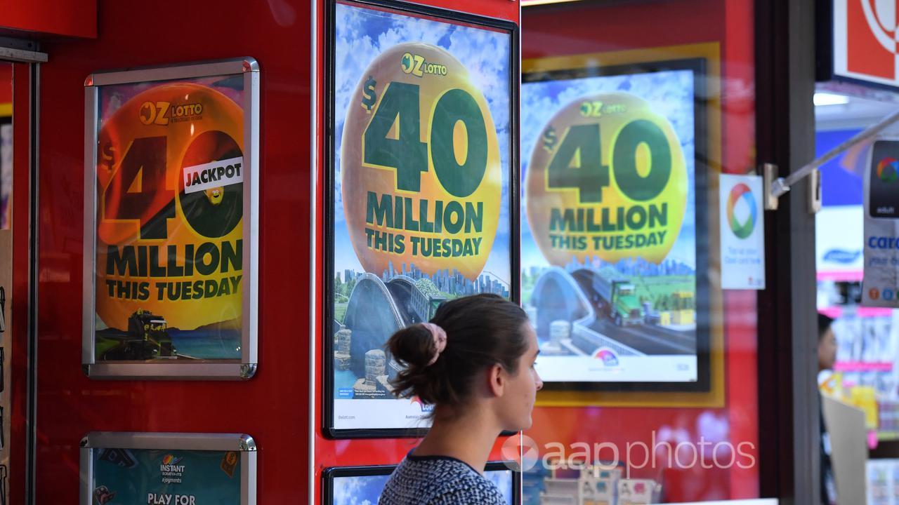 A newsagency advertising lottery jackpots