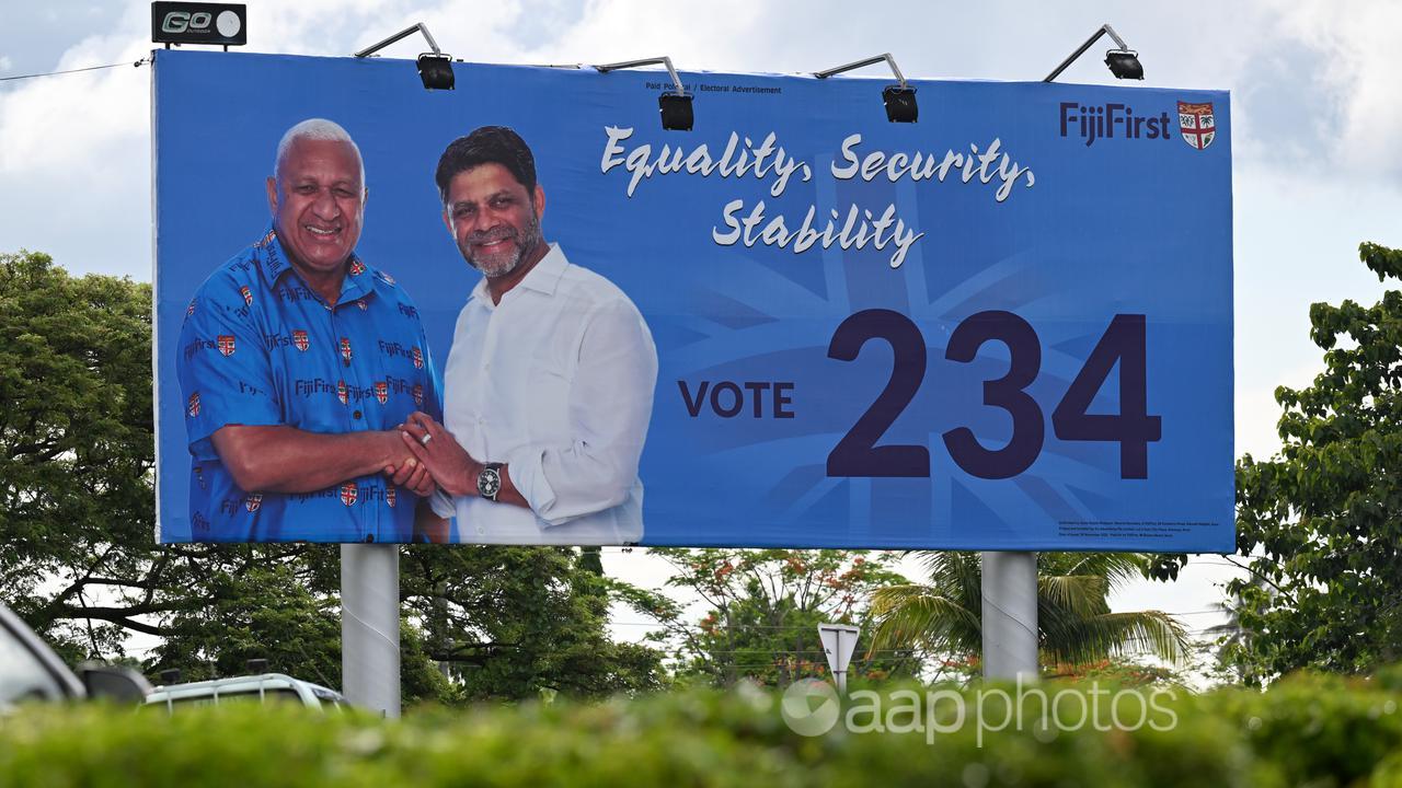 A billboard of PM Frank Bainimarama and AG Aiyaz Sayed-Khaiyum