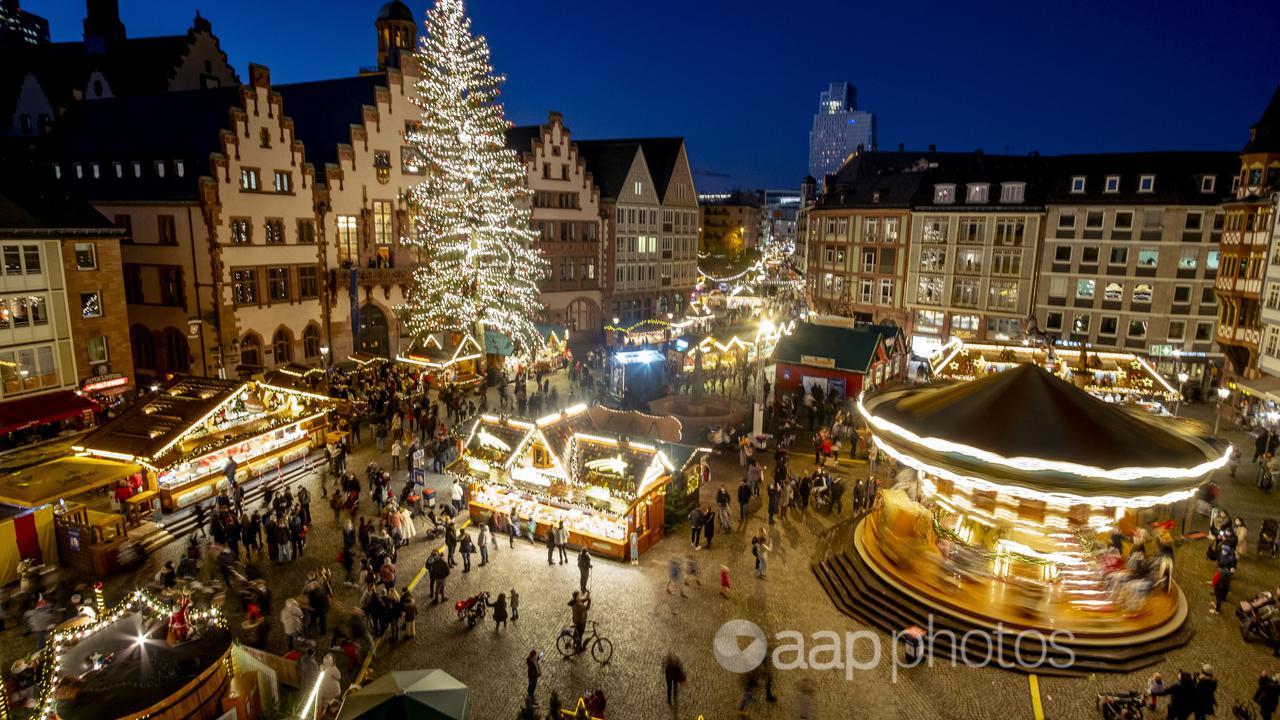 A Christmas market in Frankfurt, Germany.