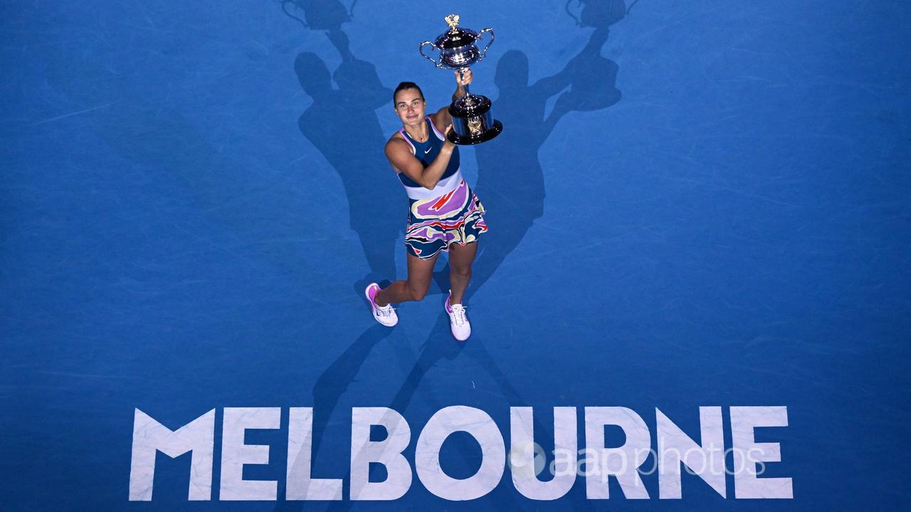 Aryna Sabalenka with the 2023 Australian Open trophy. 