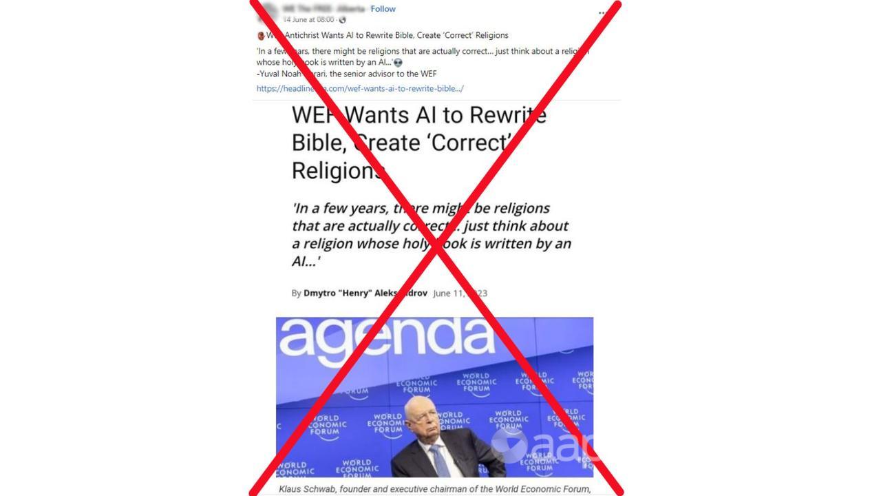 It is being claimed the WEF is calling for the Bible to be rewritten
