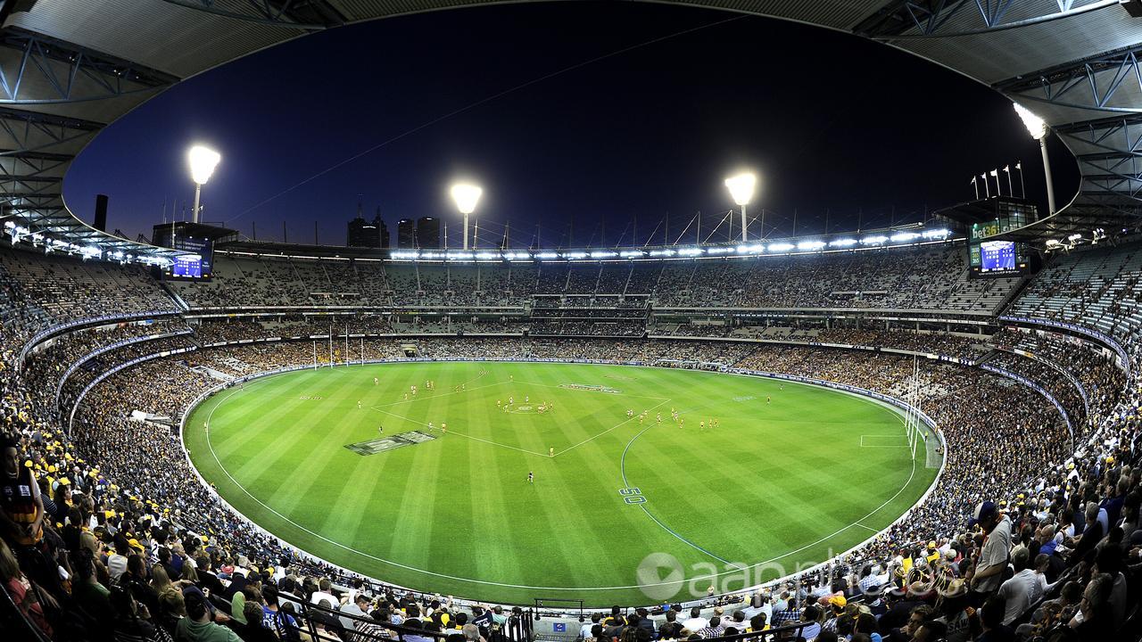 The MCG at night during the AFL preliminary final.