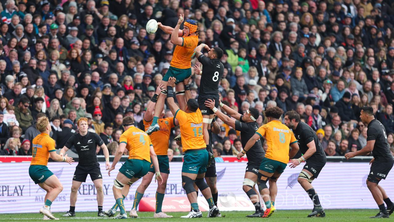 Action from New Zealand v Australia in the 2023 Bledisloe Cup.