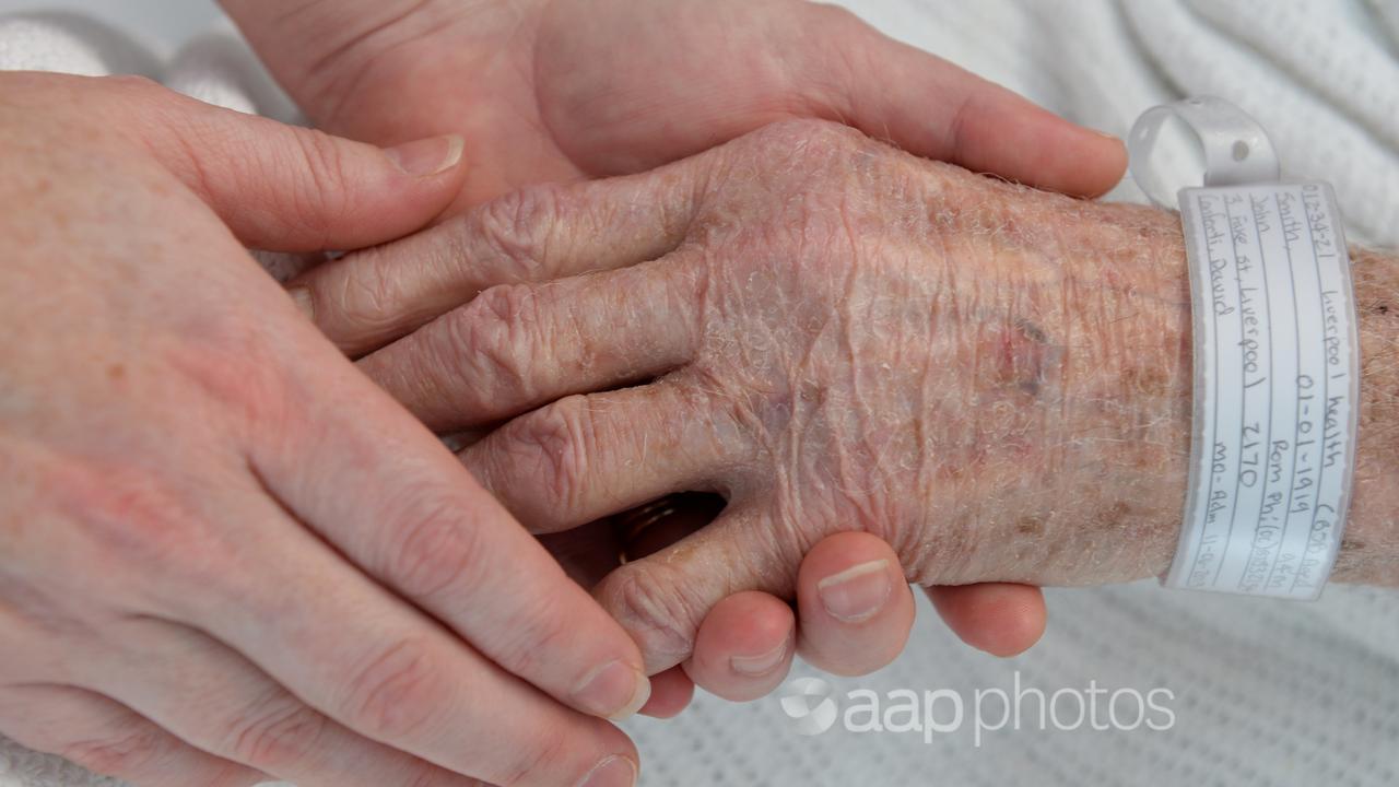 A nurse holds the hand of an elderly patient (file image)