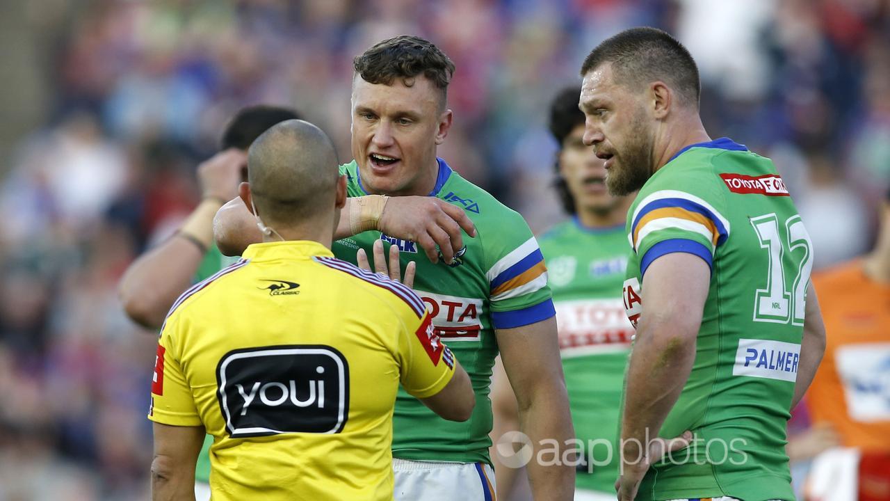 Canberra NRL player Jack Wighton is spoken to by the referee v Knights