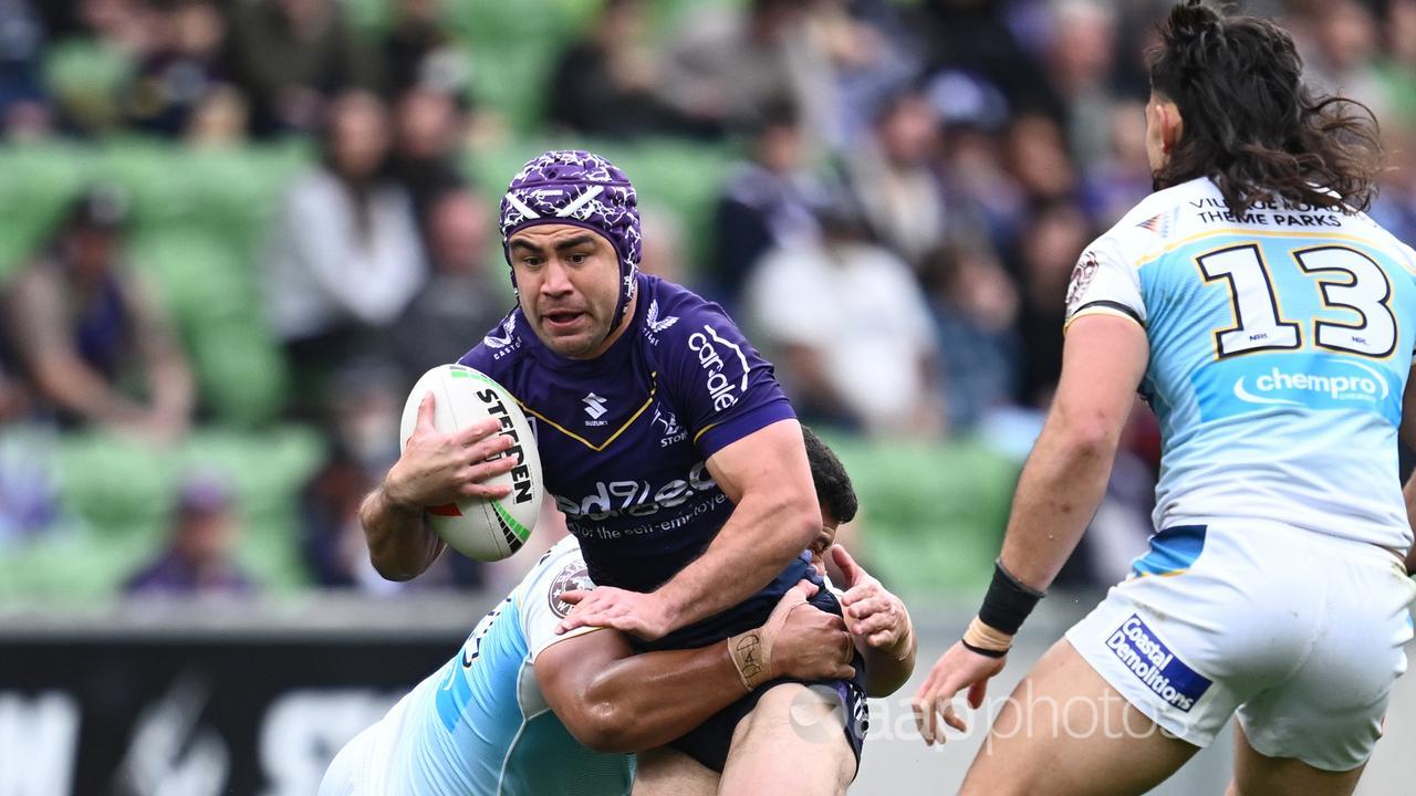 Jahrome Hughes of Melbourne Storm in NRL action against Gold Coast.