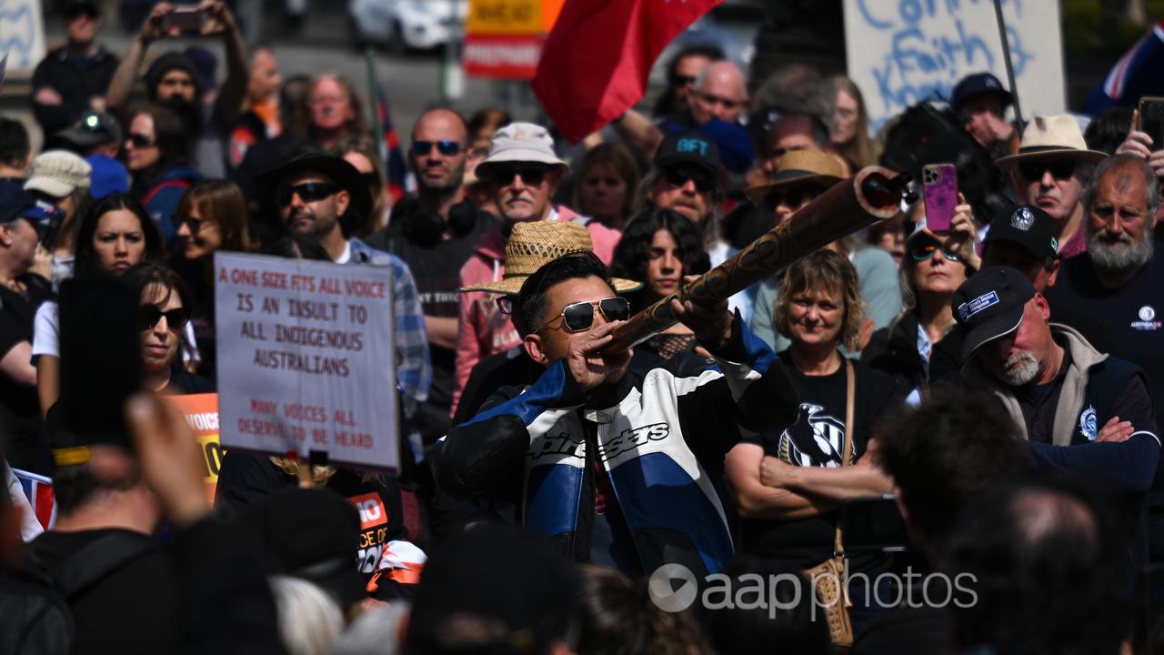 People at a rally against the voice to parliament in Melbourne.