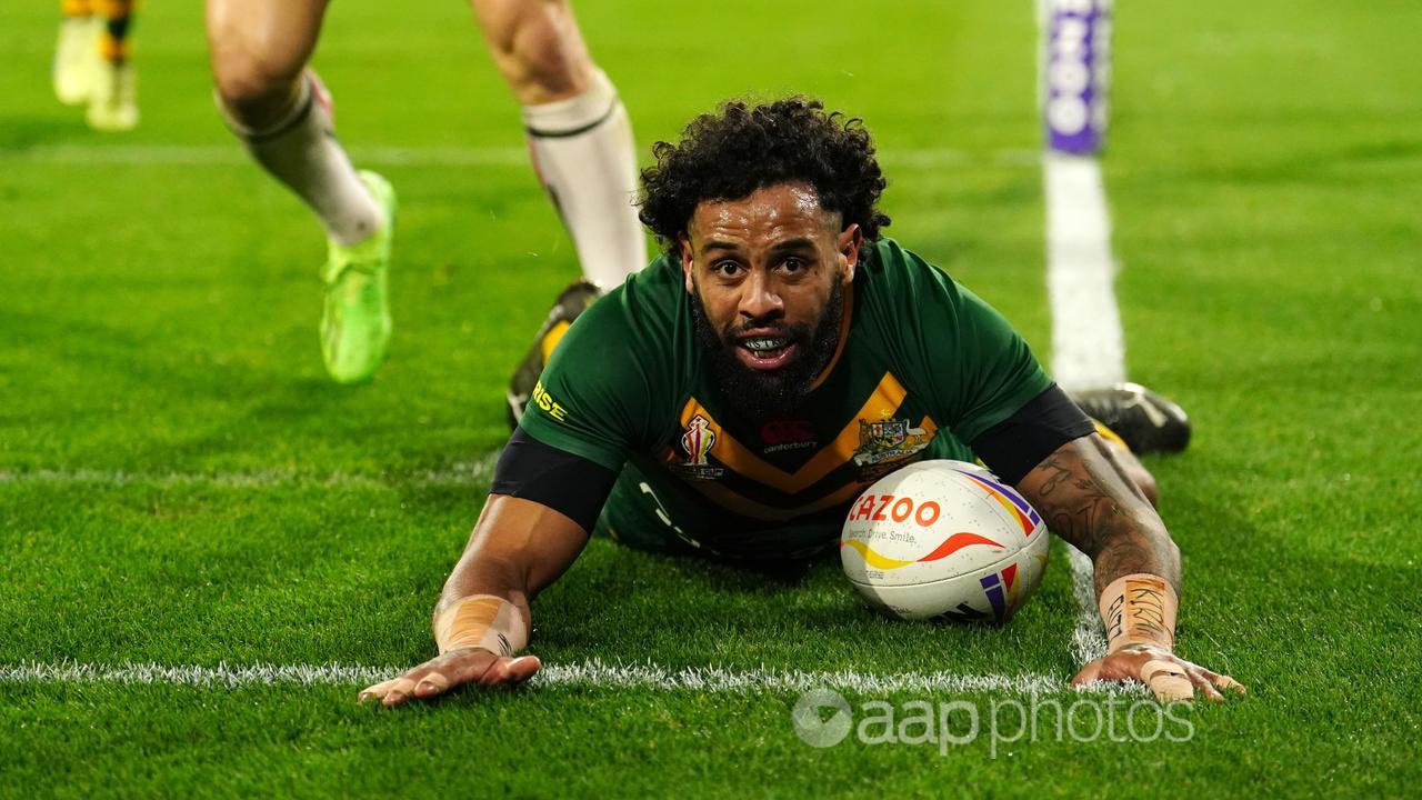 Josh Addo-Carr scores a try for Australia at the 2022 World Cup.
