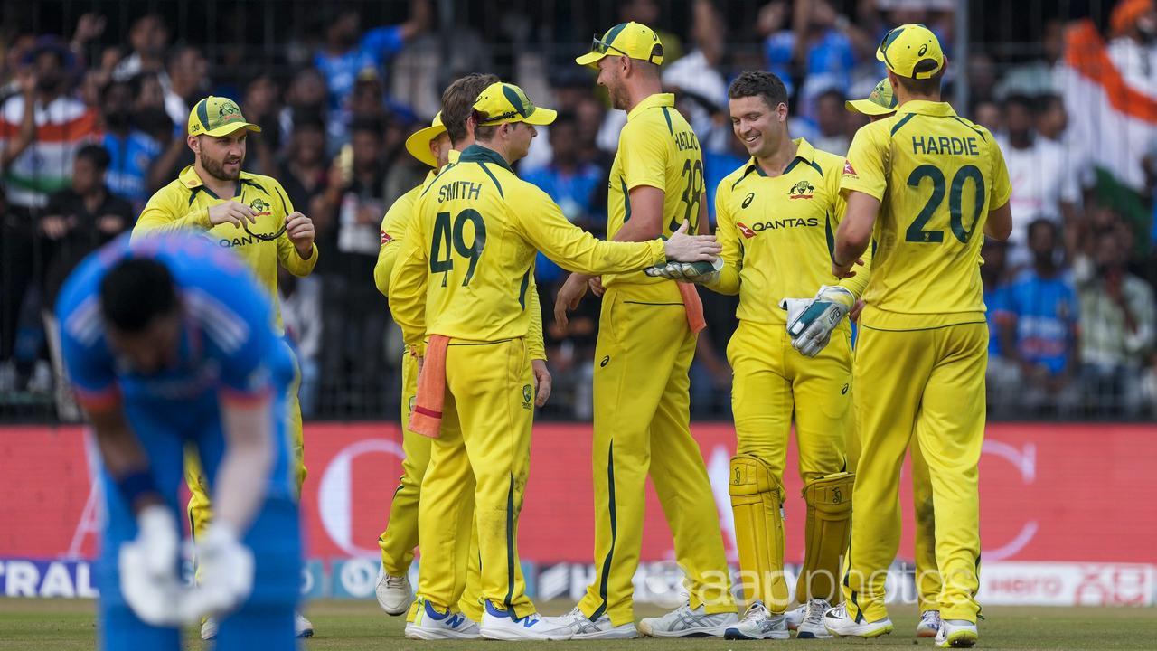 Australia players celebrate a wicket in India.