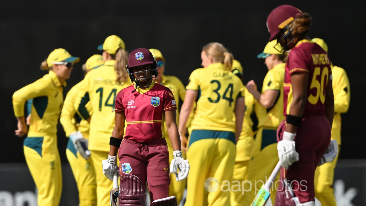 Australia celebrate a wicket against West Indies in the third ODI.