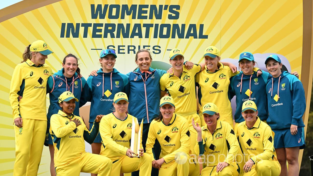 Australia celebrate winning the ODI series against West Indies. 