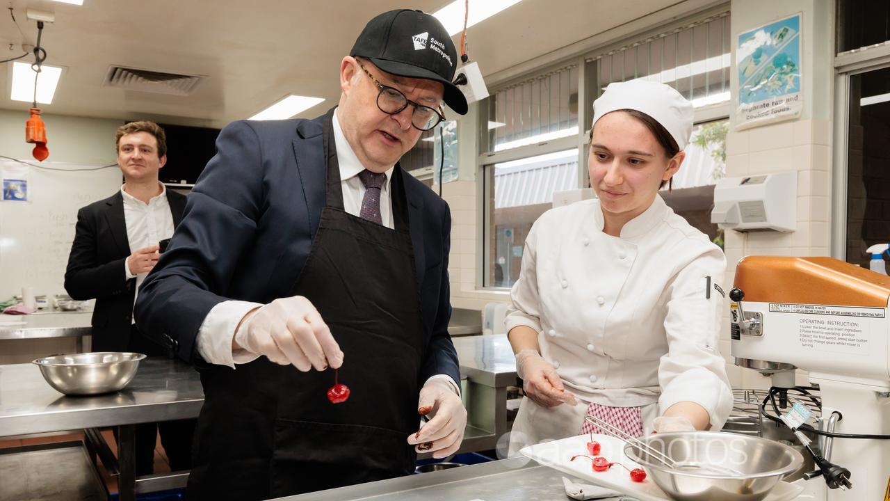 Anthony Albanese decorates a cake with a TAFE student (file)