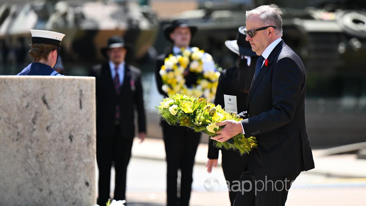 Prime Minister Anthony Albanese lays a wreath for Remembrance Day