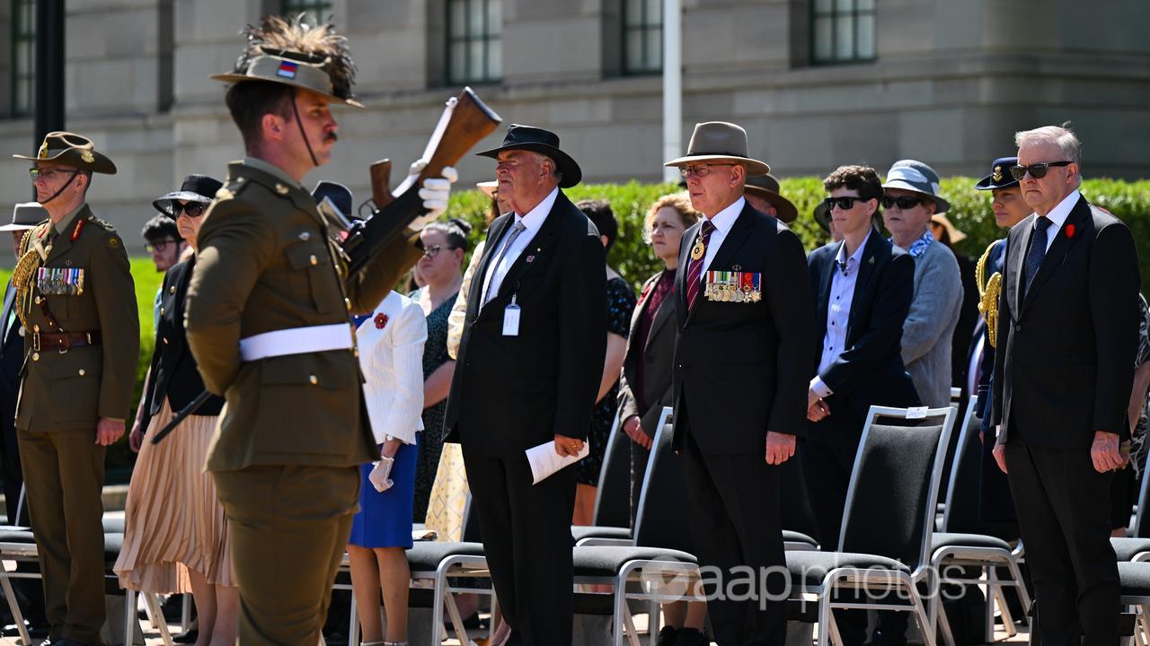 Kim Beazley, David Hurley and Althany Albanese at Remembrance Day