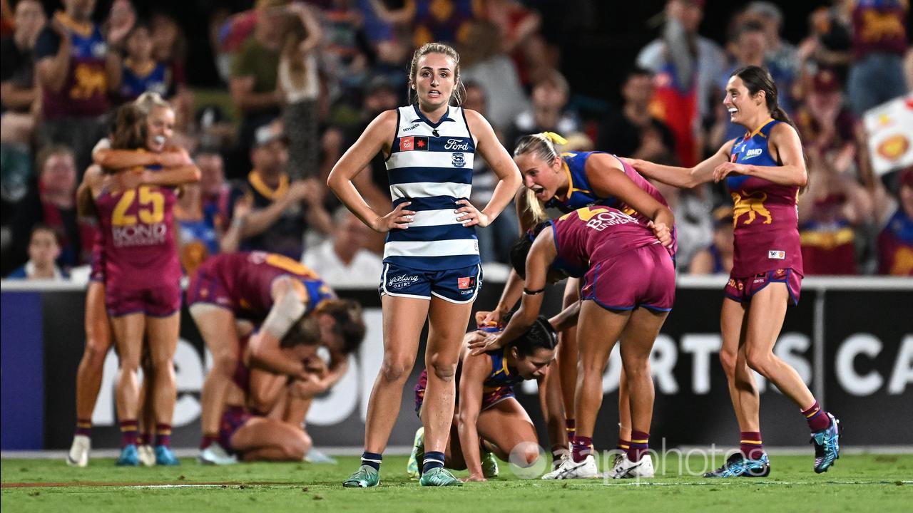 Brisbane players celebrate their AFLW preliminary final win.