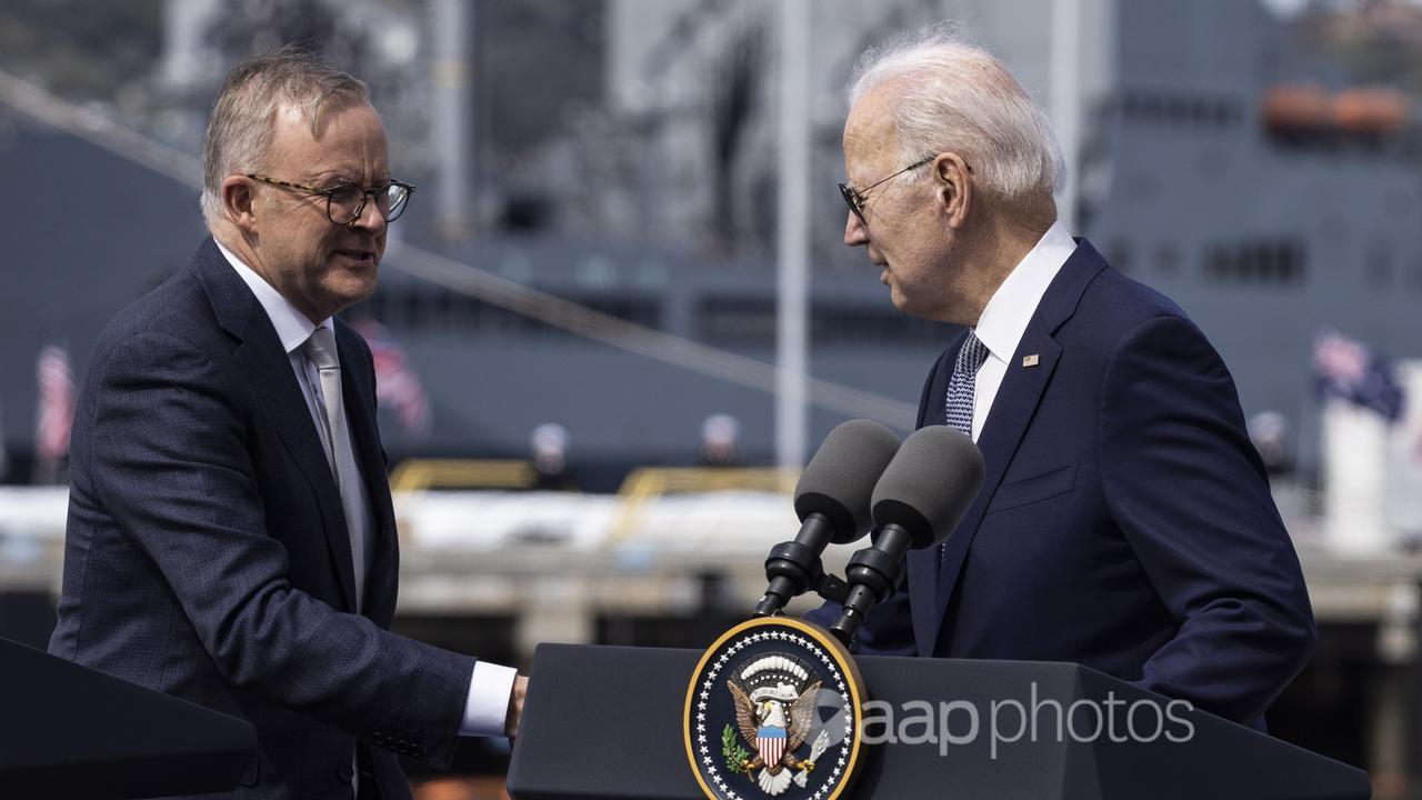Mr Albanese and US President Joe Biden announcing the AUKUS deal.