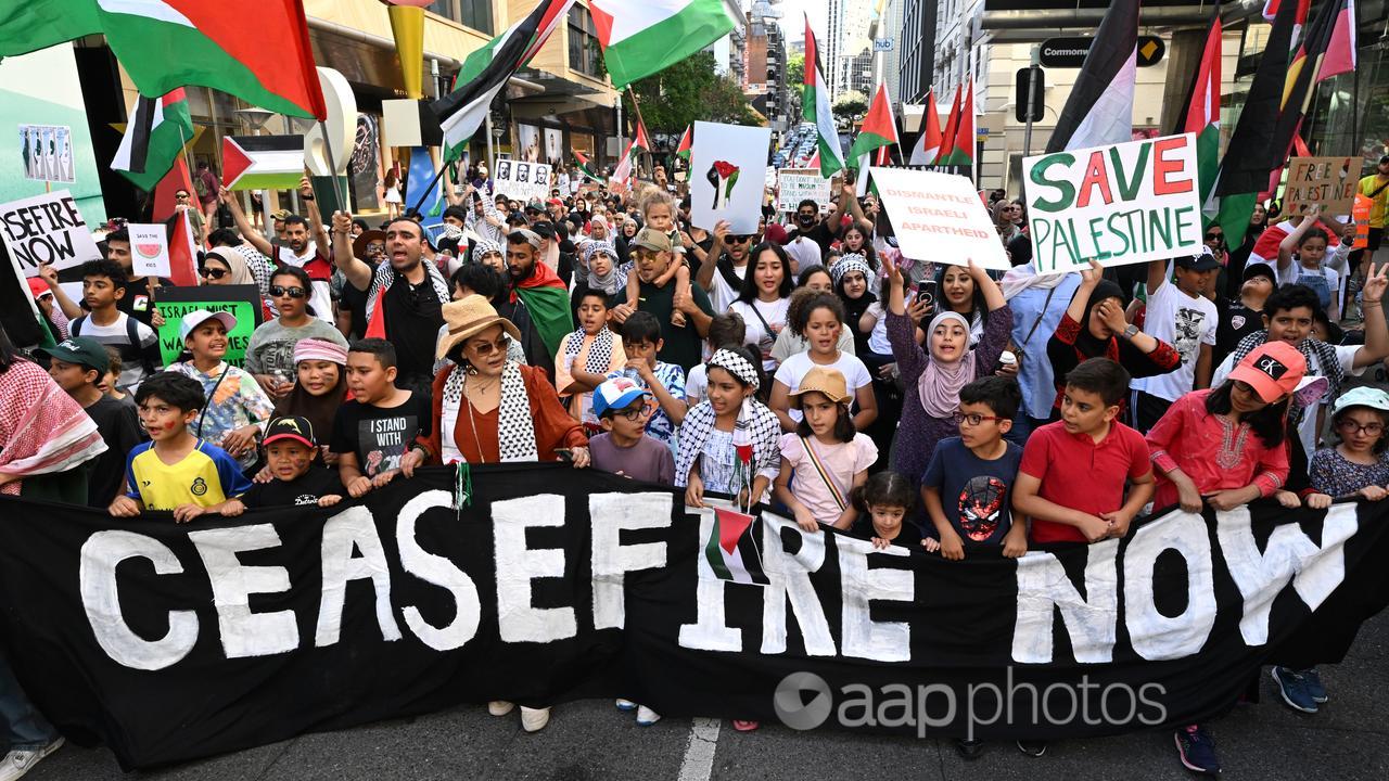 Protesters at a pro-Palestine demonstration in Brisbane.
