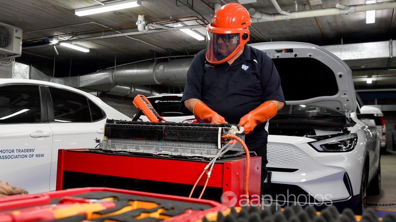 A technician works on an EV battery (file image)