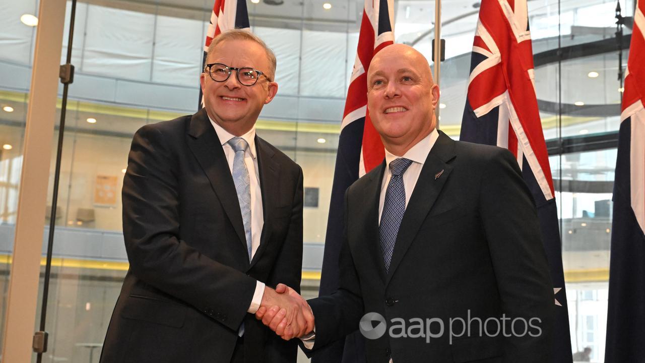 Prime ministers Anthony Albanese and Chris Luxon shake hands in Sydney