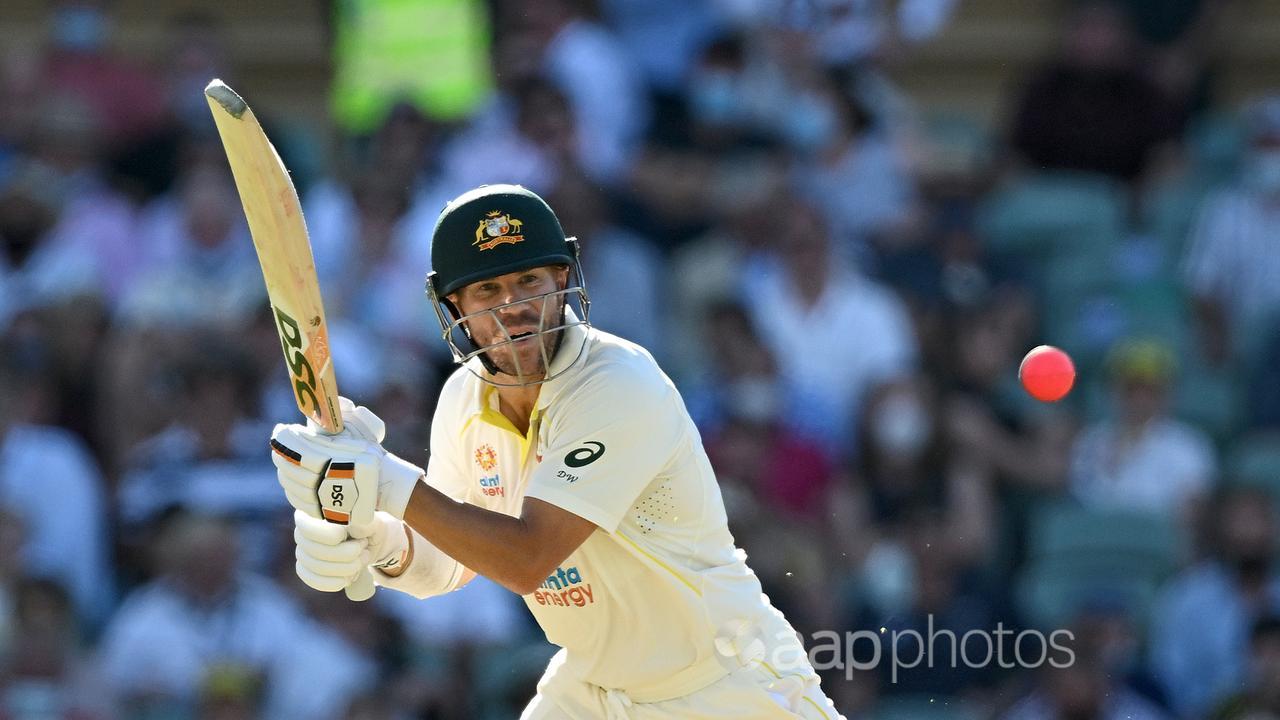 David Warner plays a shot in the Ashes in December 2021.