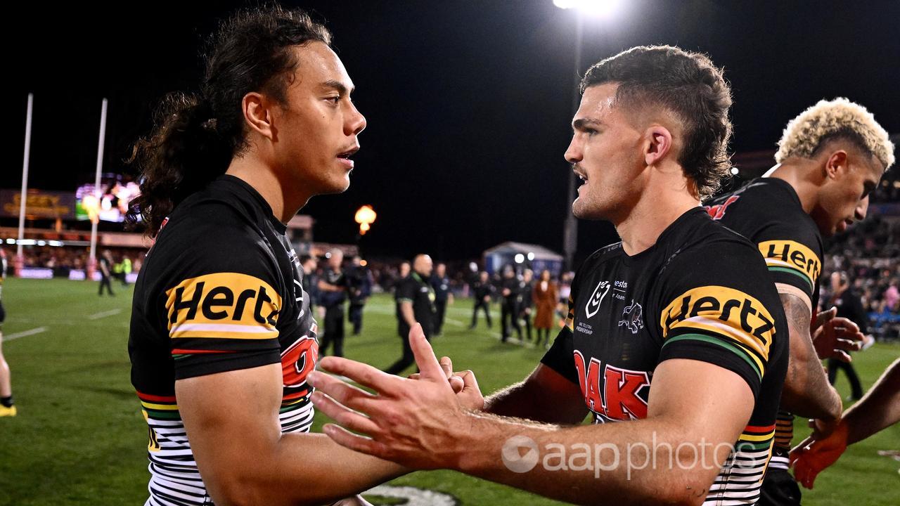 Jarome Luai (l) and Nathan Cleary (r) with Penrith. 