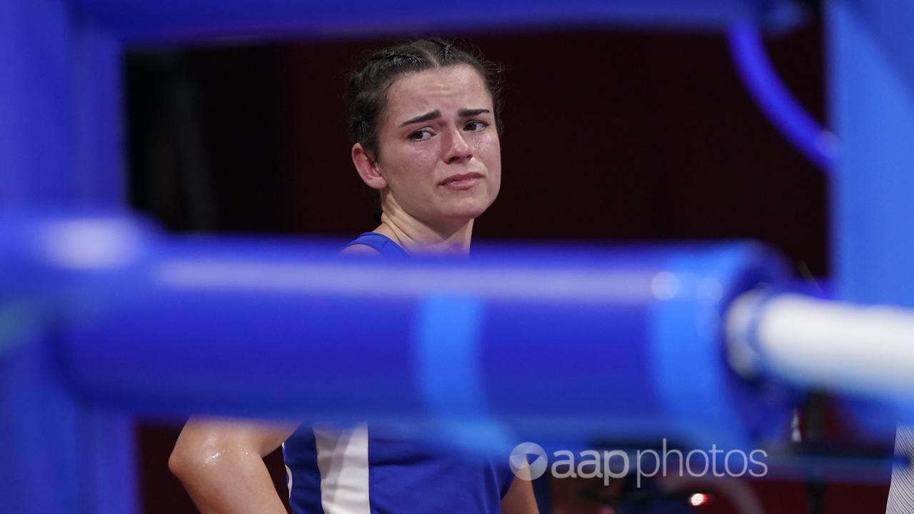 Skye Nicolson disconsolate at losing at the Tokyo Olympics.