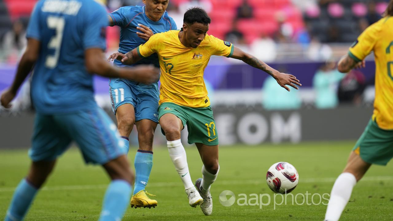 Keanu Baccus on the ball for the Socceroos v India at the Asian Cup.