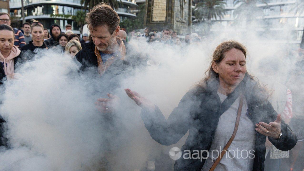 Smoking ceremony at Melbourne's Alfred Square.