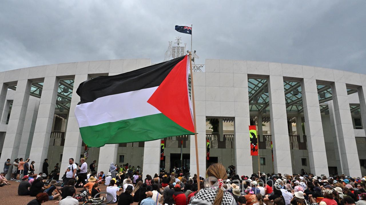 Protester holds Palestinian flag at a rally outside Parliament House.