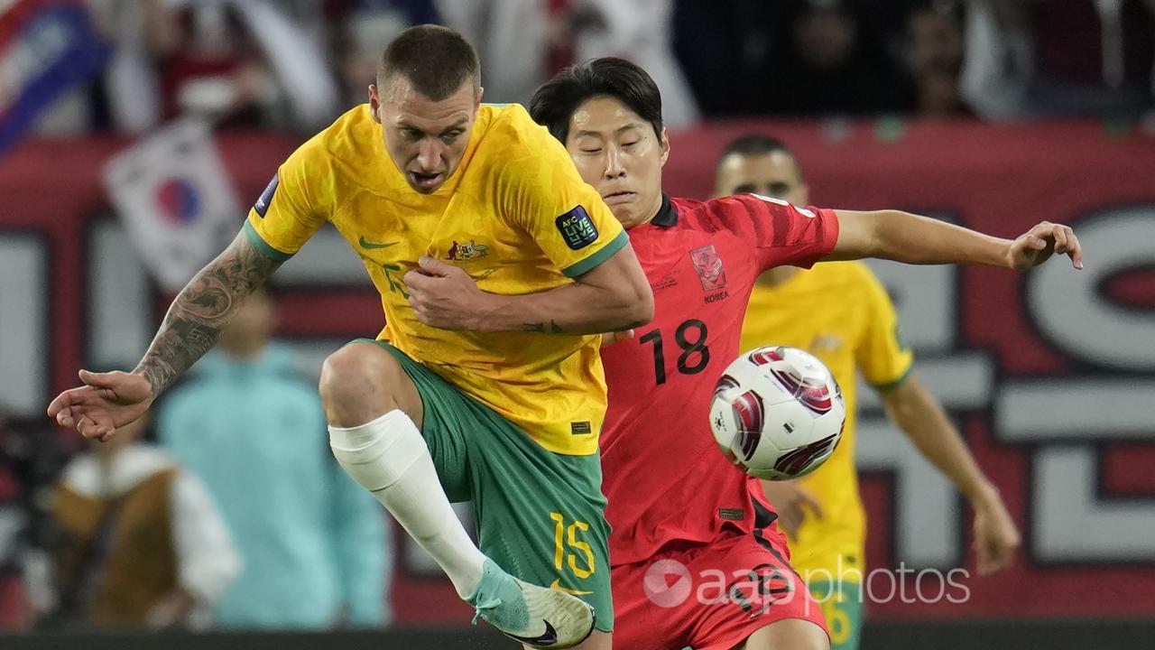Socceroos striker Mitch Duke in Asian Cup action v South Korea.