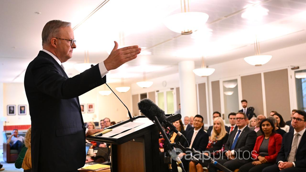 Prime Minister Anthony Albanese addresses caucus on Monday.