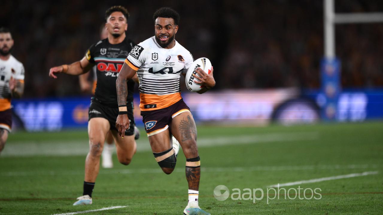 Brisbane's Ezra Mam runs with the ball in the NRL grand final in 2023.