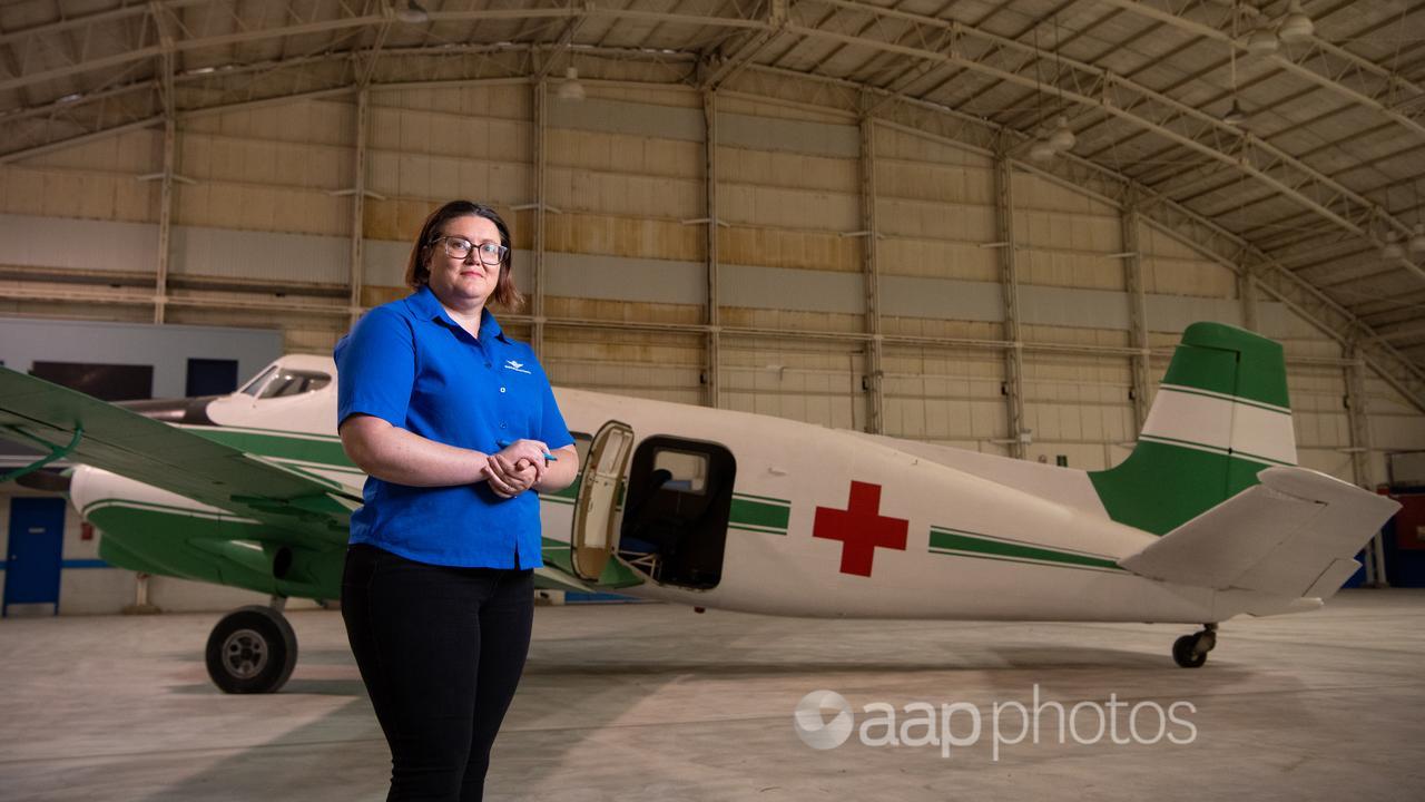 Jackie Hanniver at Royal Flying Doctor Service hangar in Broken Hill.