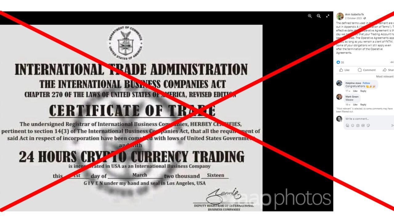 A screenshot of the supposed certificate of trade.