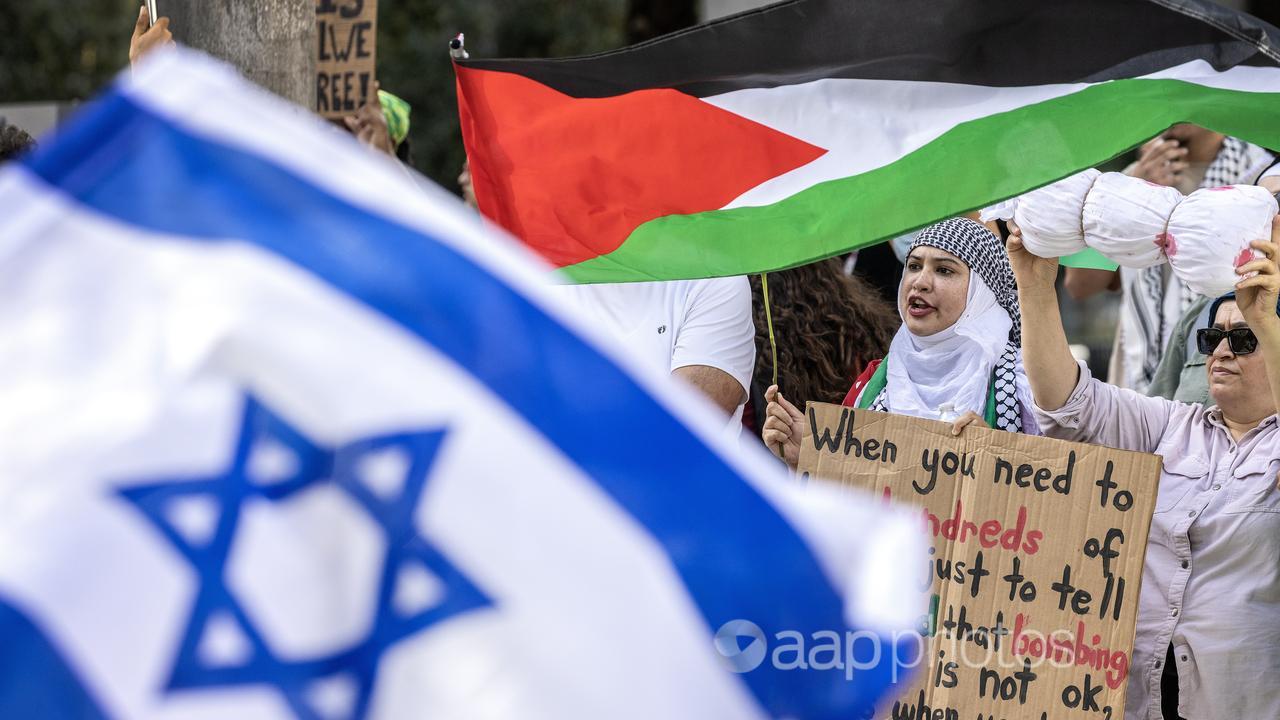 An Israeli and Palestinian flag at a protest rally (file image)
